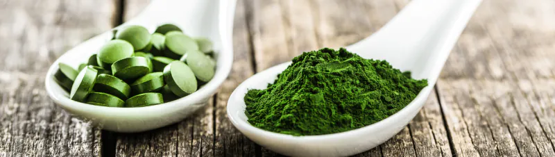 Two spoons holding green compressed tablets and green powder formulation.